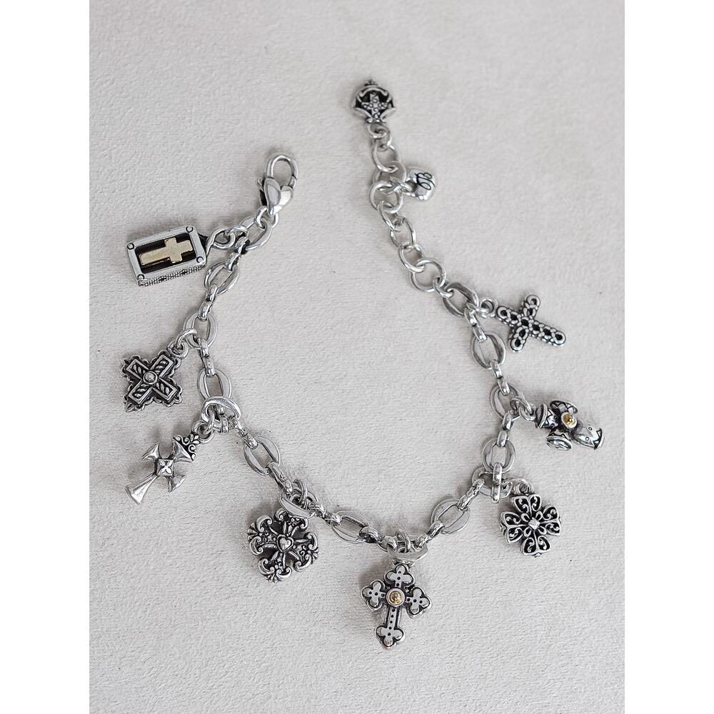 Brighton Silver-Tone Cross & Floral Charm Bracelet with Gold Accents
